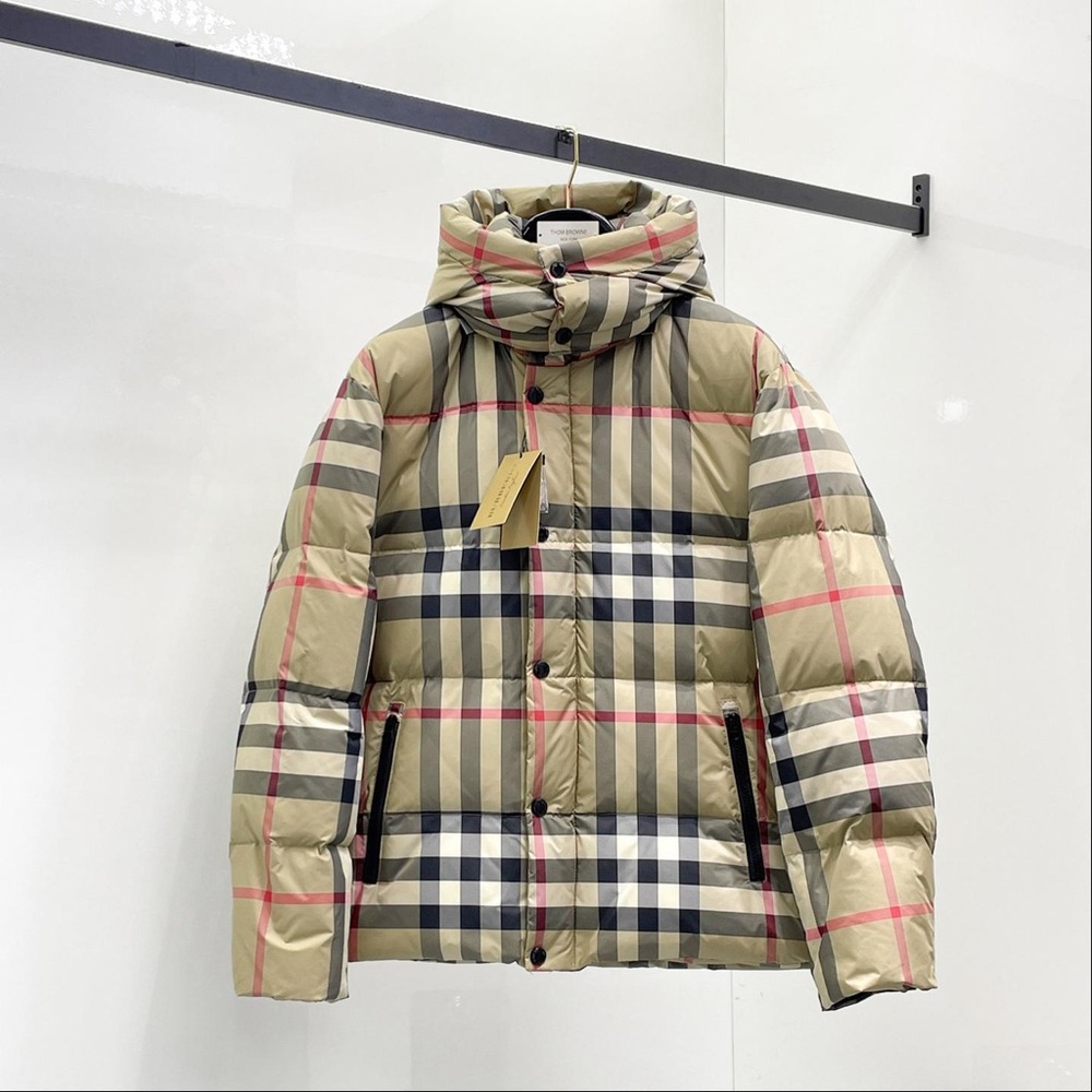 Burberry Tan Check Quilted Puffer Jacket with Red Accents